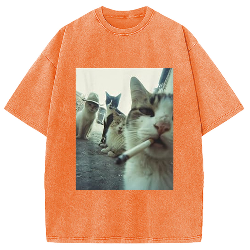 Tokyocanvas Smoking Cat Meme Funny Washed T-Shirt