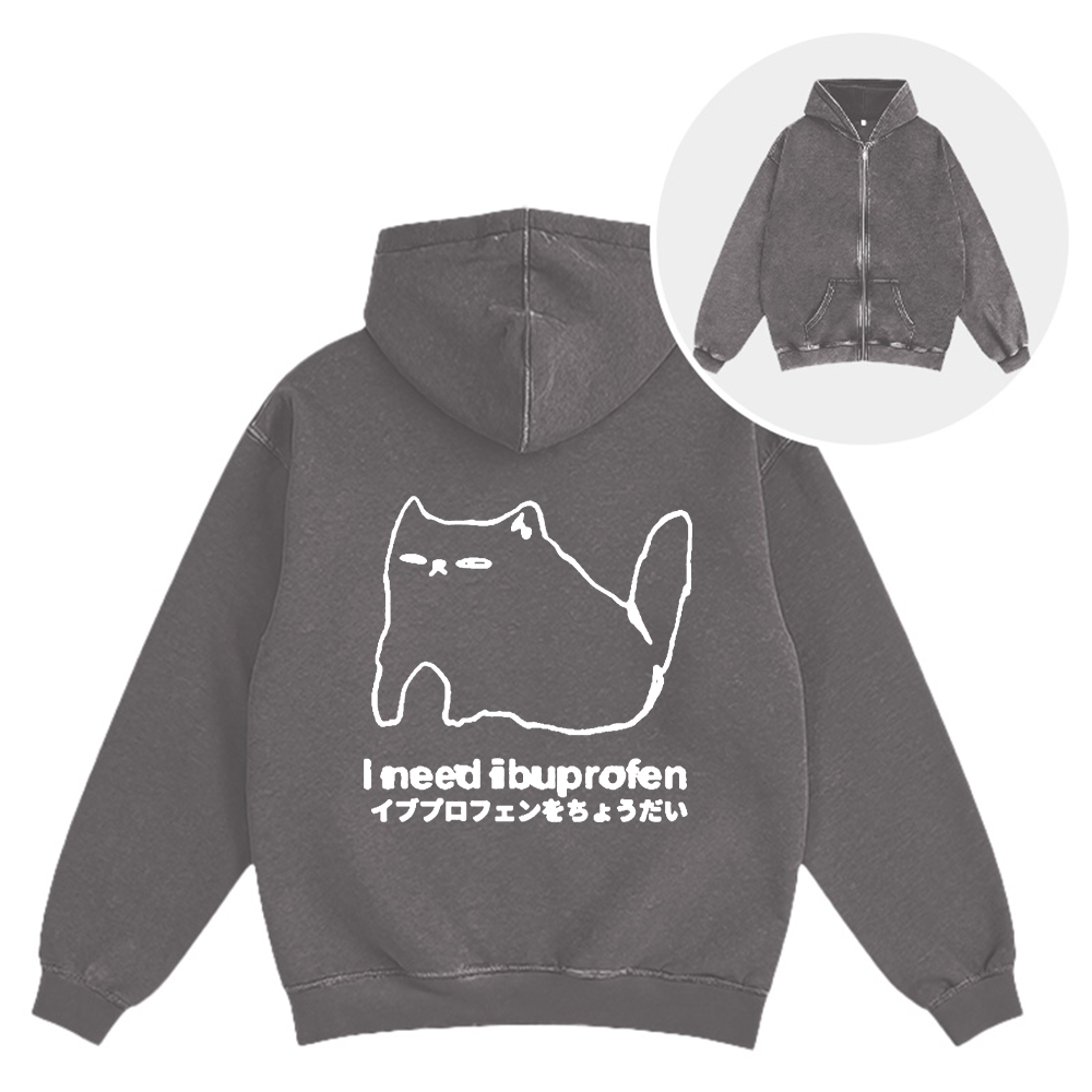 Tokyocanvas I Need Ibuprofen Cat Washed Zip Hoodie