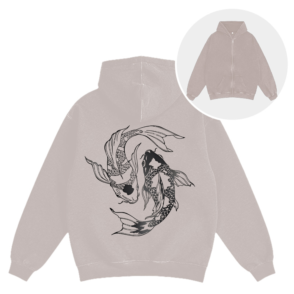 Tokyocanvas Japanese Streetwear Koi Fish Washed Zip Hoodie