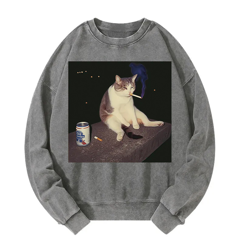 Tokyocanvas Cigarette Kitten Funny Smoking Cat Meme Washed Sweatshirt