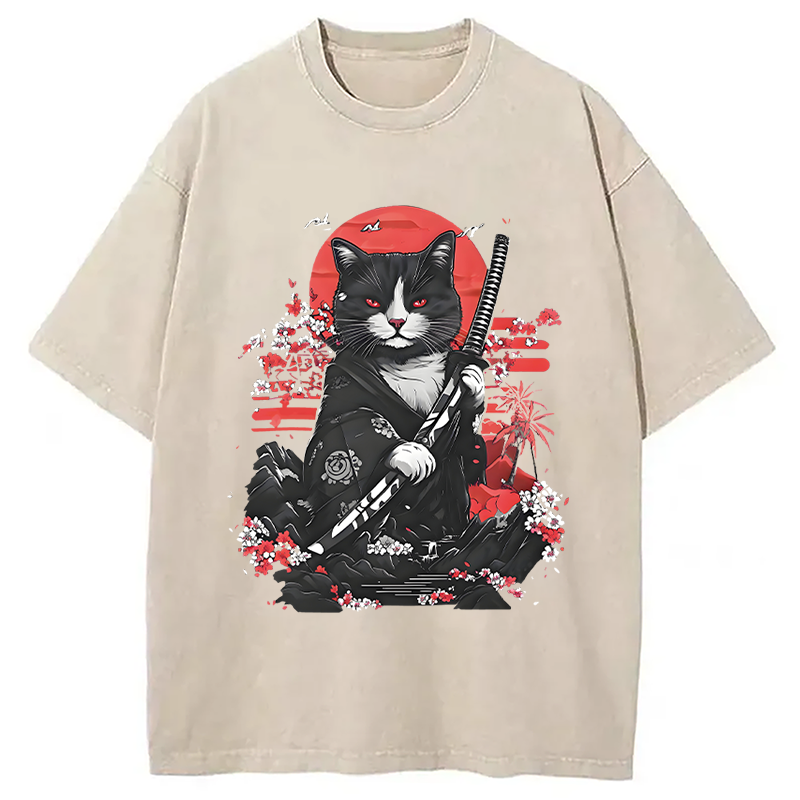 Tokyocanvas Samurai Cat Washed T-Shirt