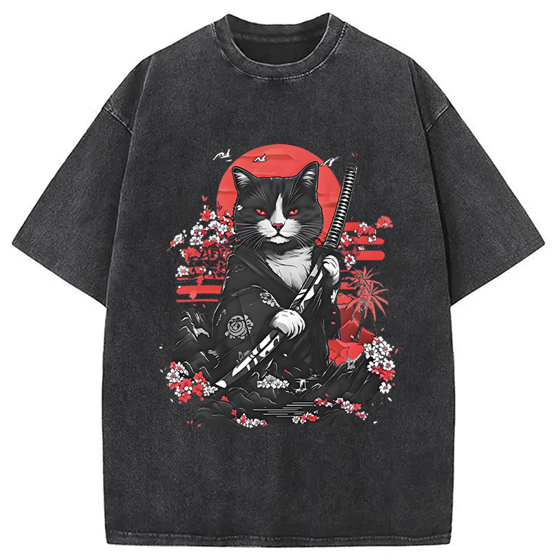 Tokyocanvas Samurai Cat Washed T-Shirt