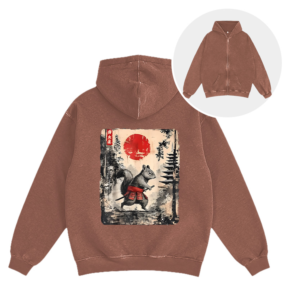 Tokyocanvas Samurai Squirrel Japanese Vintage Washed Zip Hoodie