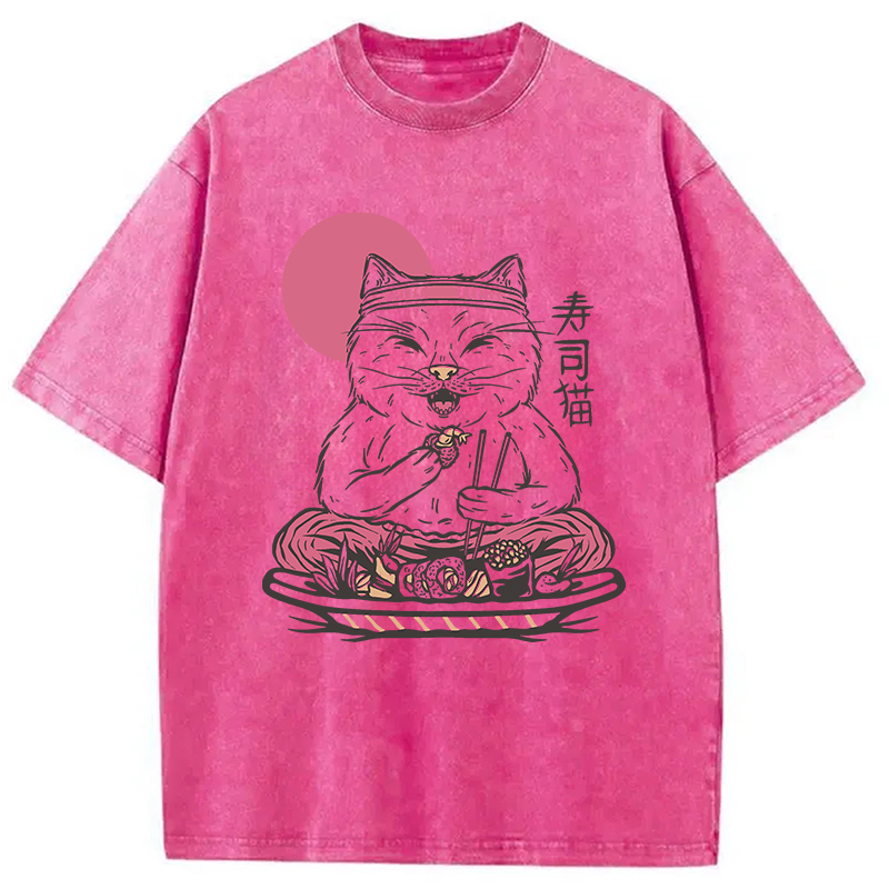 Tokyocanvas Cute Sushi Cat Eating Washed T-Shirt