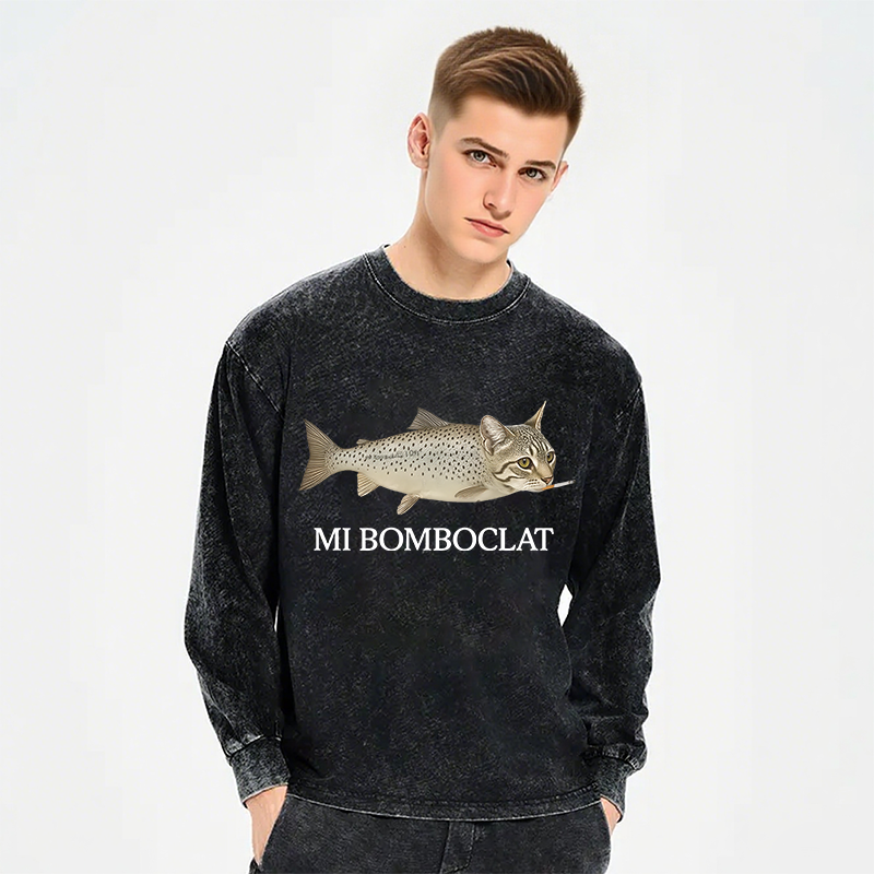 Tokyocanvas Bomboclat Fish Cat Meme Long Sleeve Washed T-Shirt