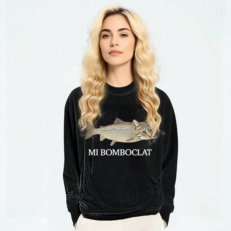 Tokyocanvas Bomboclat Fish Cat Meme Long Sleeve Washed T-Shirt