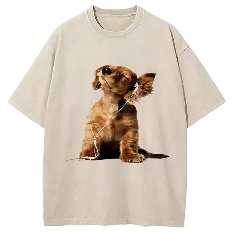 Tokyocanvas Dog Listening to Music Washed T-Shirt