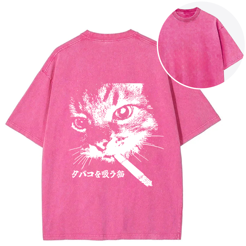 Tokyocanvas Retro Cat Smoking Back Washed T-Shirt