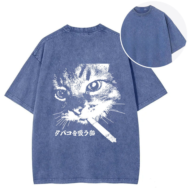 Tokyocanvas Retro Cat Smoking Back Washed T-Shirt