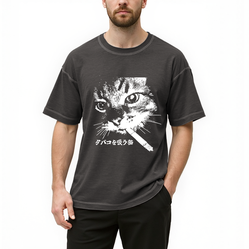 Tokyocanvas Retro Cat Smoking Gradient Washed T-Shirt