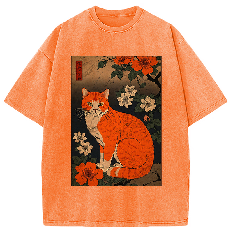 Tokyocanvas Orange Cat Japanese Art Washed T-Shirt