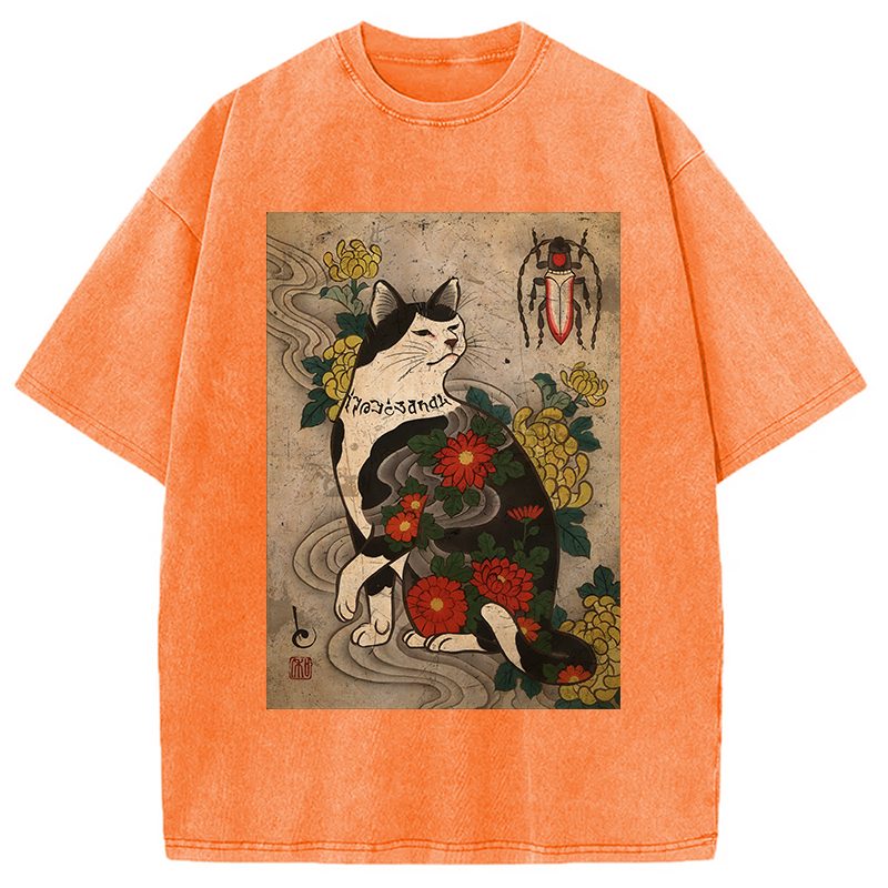 Tokyocanvas Cat Tattoo Floral Washed T-Shirt