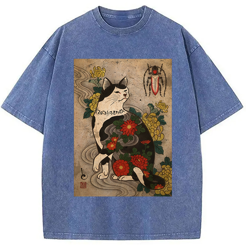 Tokyocanvas Cat Tattoo Floral Washed T-Shirt