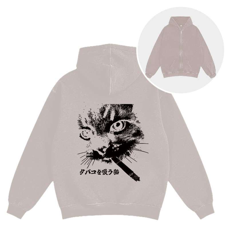 Tokyocanvas Retro Cat Smoking Washed Zip Hoodie