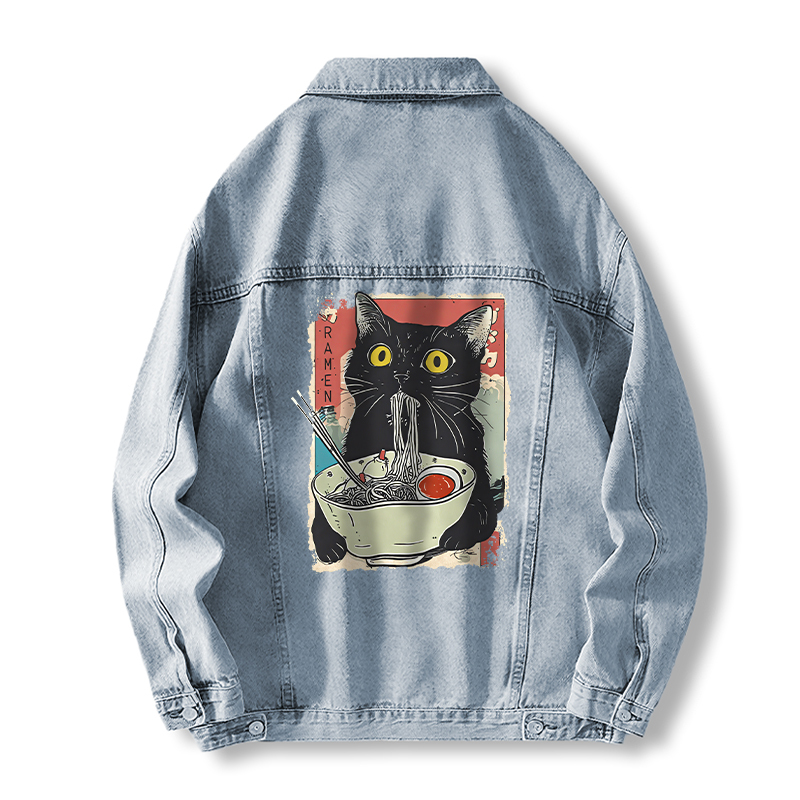 Tokyocanvas Cute Cat Eating Ramen Jean Jackets