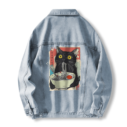 Tokyocanvas Cute Cat Eating Ramen Jean Jackets