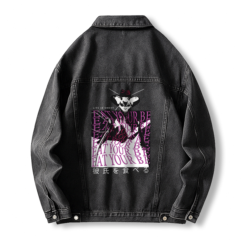 Tokyocanvas Life is Short Praying Mantis Jean Jackets