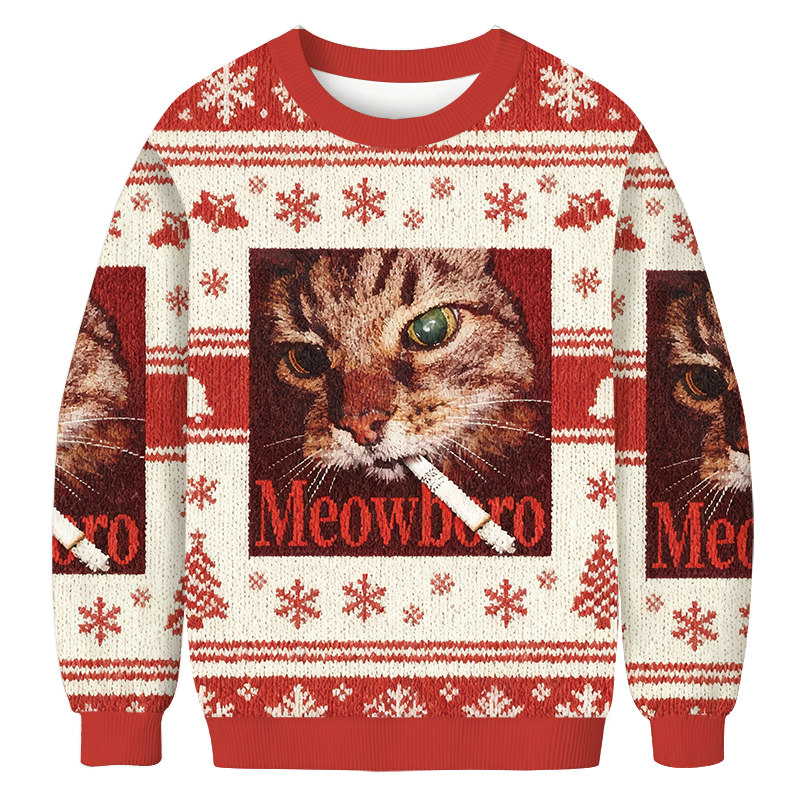 Tokyocanvas Red Meowlboro Smoking Cat Christmas Ugly Sweatshirt