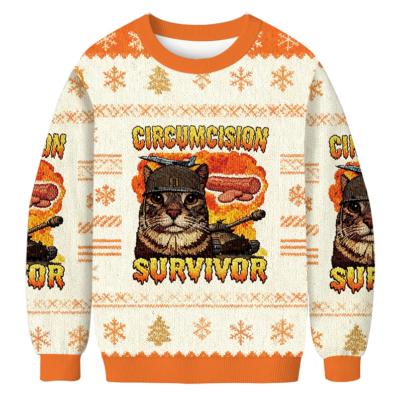 Tokyocanvas Circumcision Survivor Funny Cat Meme Christmas Ugly Sweatshirt