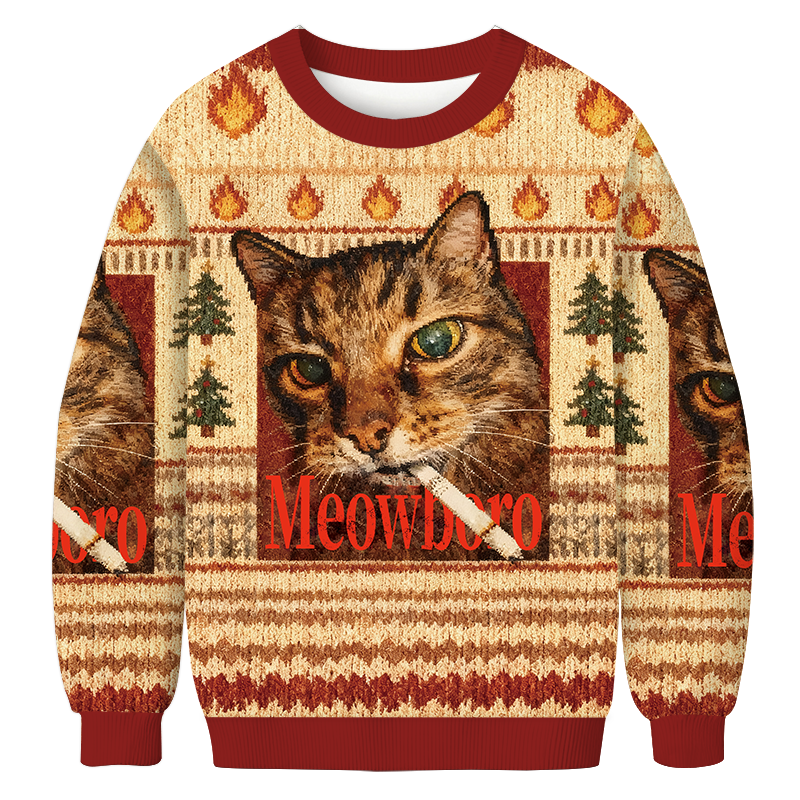 Tokyocanvas Meowlboro Smoking Cat Funny Christmas Ugly Sweatshirt