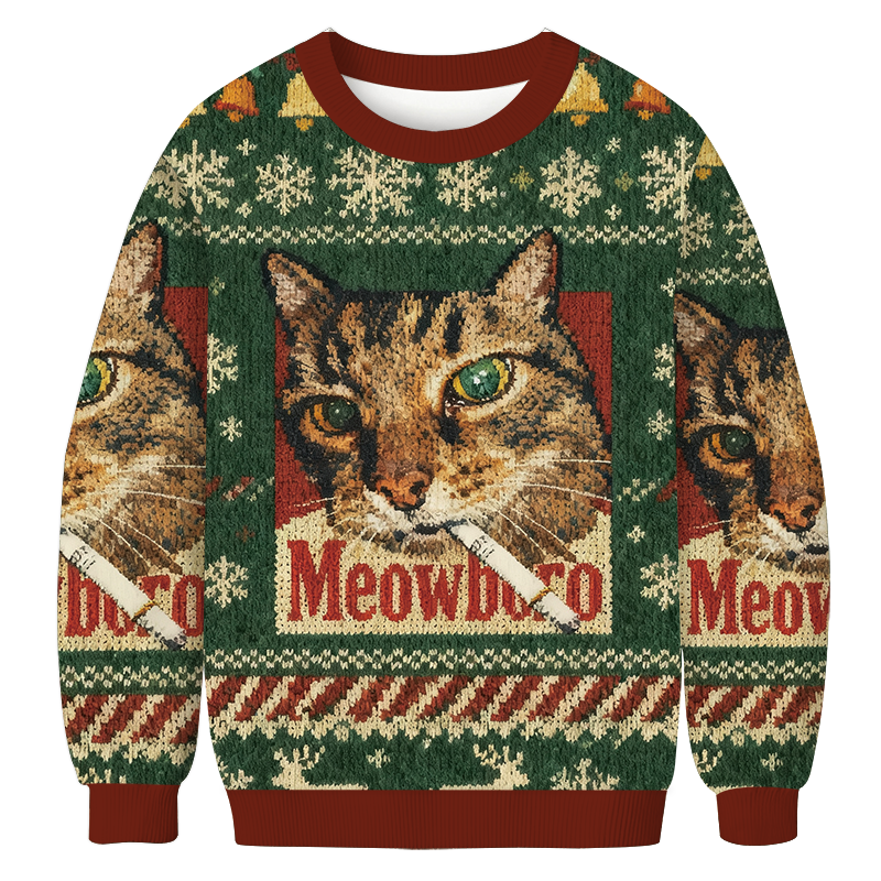 Tokyocanvas Green Funny Smoking Cat Meme Christmas Ugly Sweatshirt