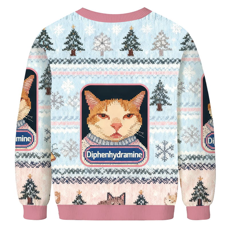 Tokyocanvas Pink Drowsy Meme Cat Christmas Ugly Sweatshirt