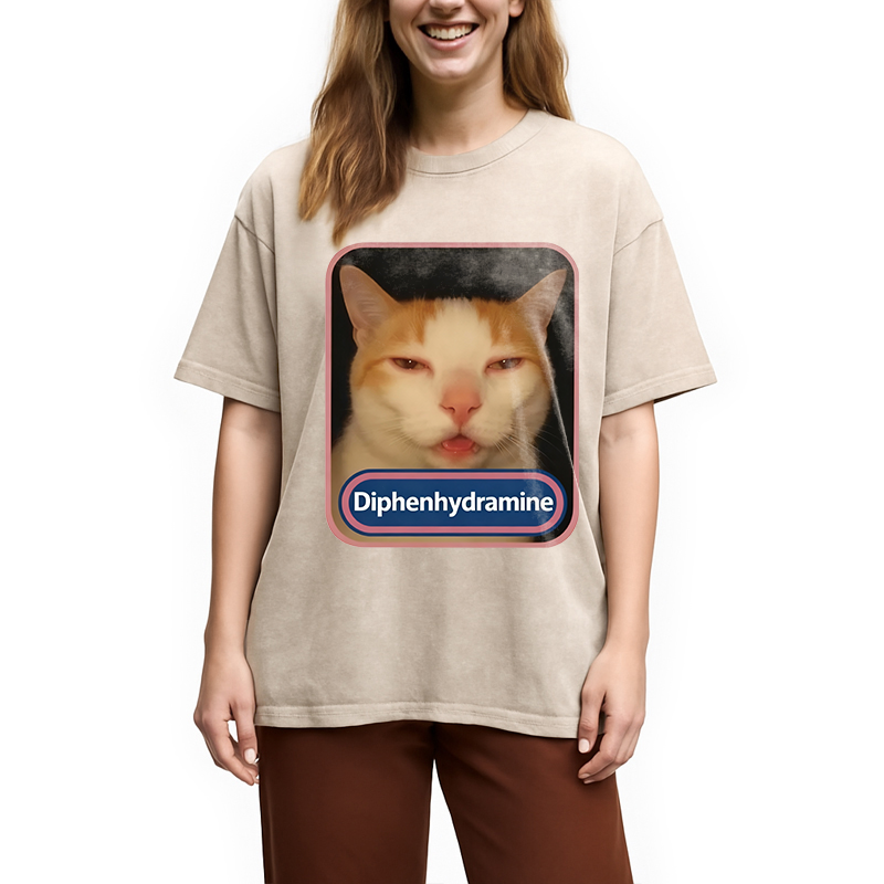 Tokyocanvas Pink Diphenhydramine Meme Cat Washed T-Shirt