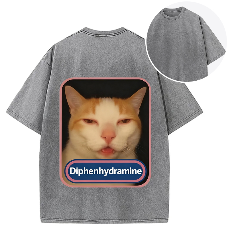 Tokyocanvas Pink Diphenhydramine Meme Cat Back Washed T-Shirt