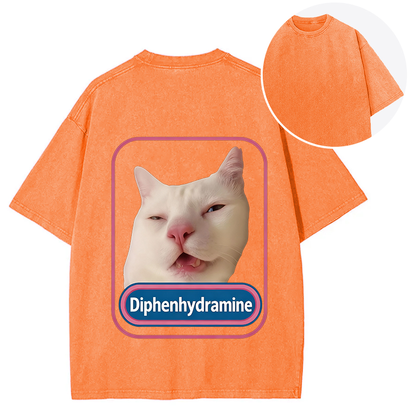 Tokyocanvas Funny Diphenhydramine Meme Cat Back Washed T-Shirt