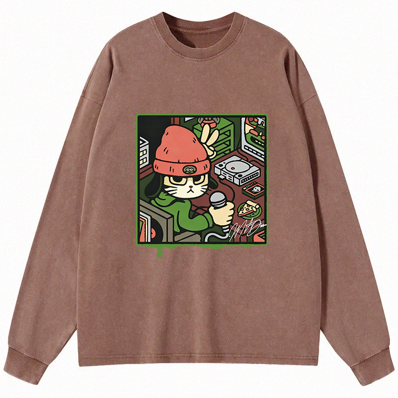 Tokyocanvas Rapper Cat Long Sleeve Washed T-Shirt
