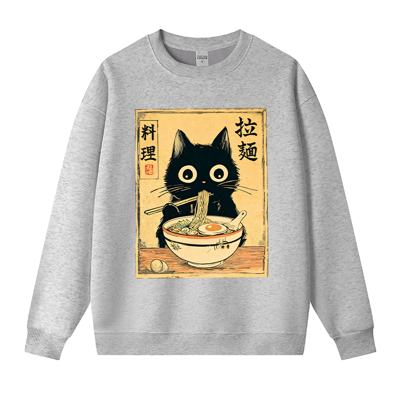 Tokyocanvas Cute Black Cat Eating Ramen Fleece Lined Sweatshirt