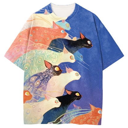 Tokyocanvas Colorful Ukiyo-e Cats Graphic Print T-Shirt