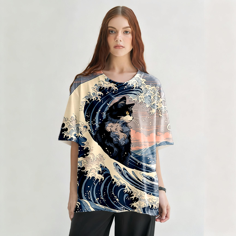 Tokyocanvas The Great Wave Of Cat Graphic Print T-Shirt
