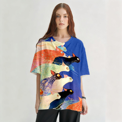 Tokyocanvas Colorful Ukiyo-e Cats Graphic Print T-Shirt