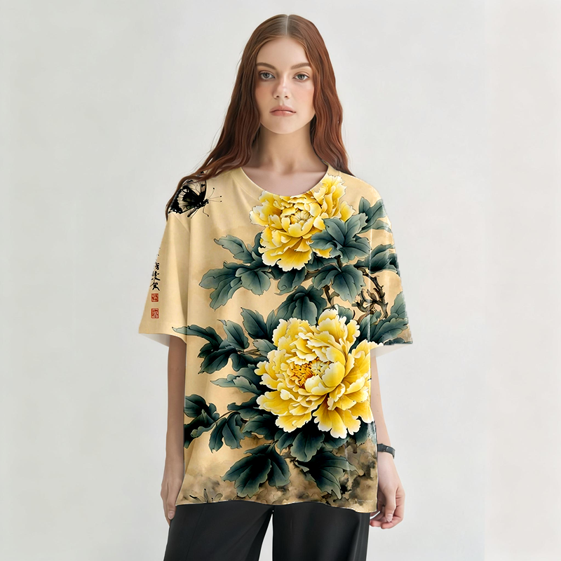 Tokyocanvas Butterflies and Peonies Graphic Print T-Shirt