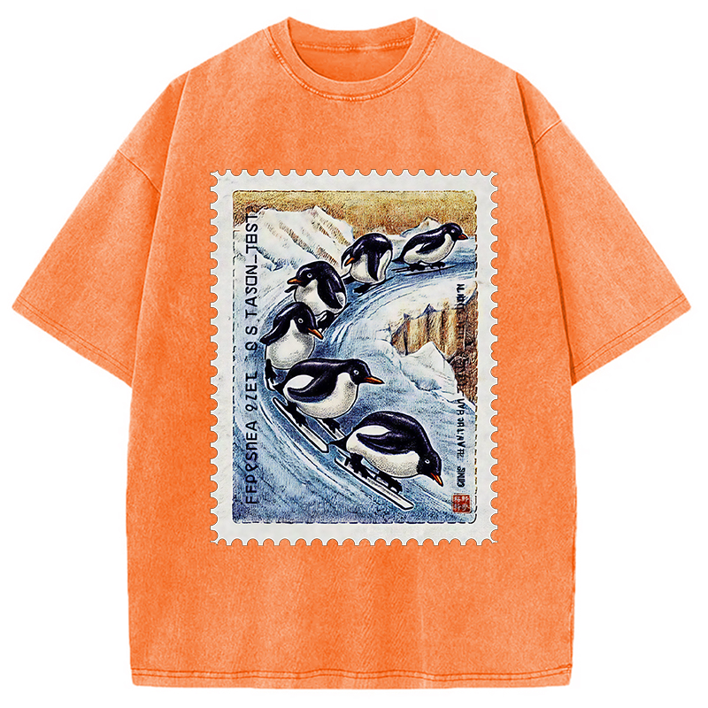 Tokyocanvas Gliding Penguin Stamp Washed T-Shirt