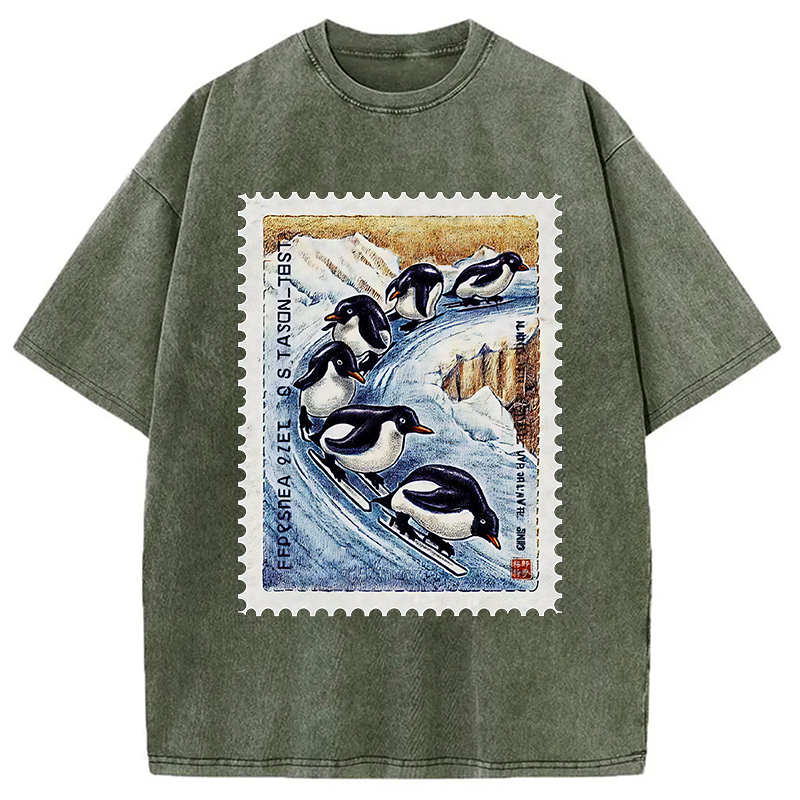 Tokyocanvas Gliding Penguin Stamp Washed T-Shirt