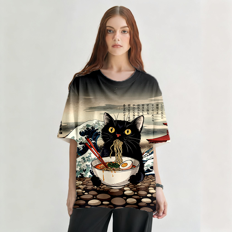 Tokyocanvas Black Cat Ramen Graphic Print T-shirt
