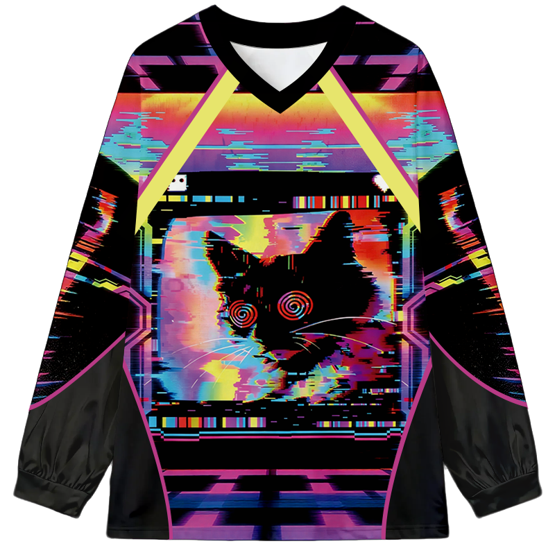 Tokyocanvas Glitchy Cat Vibes Long Sleeve Graphic Print T-Shirt