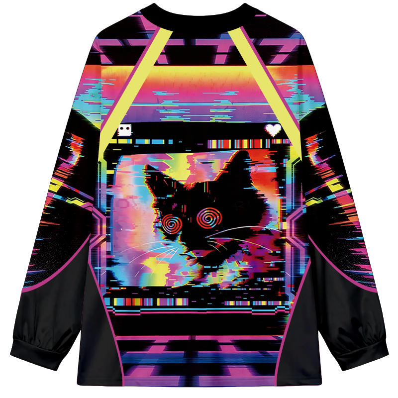 Tokyocanvas Glitchy Cat Vibes Long Sleeve Graphic Print T-Shirt