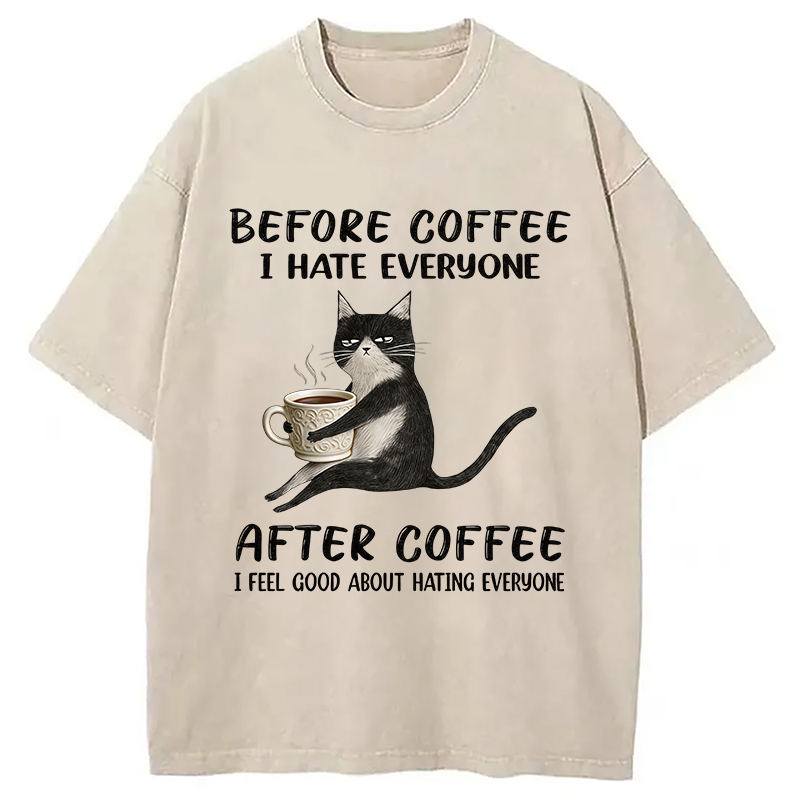 Tokyocanvas Funny Cat Coffee Washed T-Shirt
