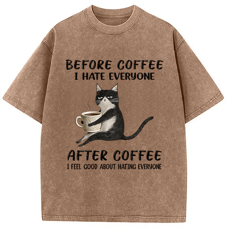 Tokyocanvas Funny Cat Coffee Washed T-Shirt