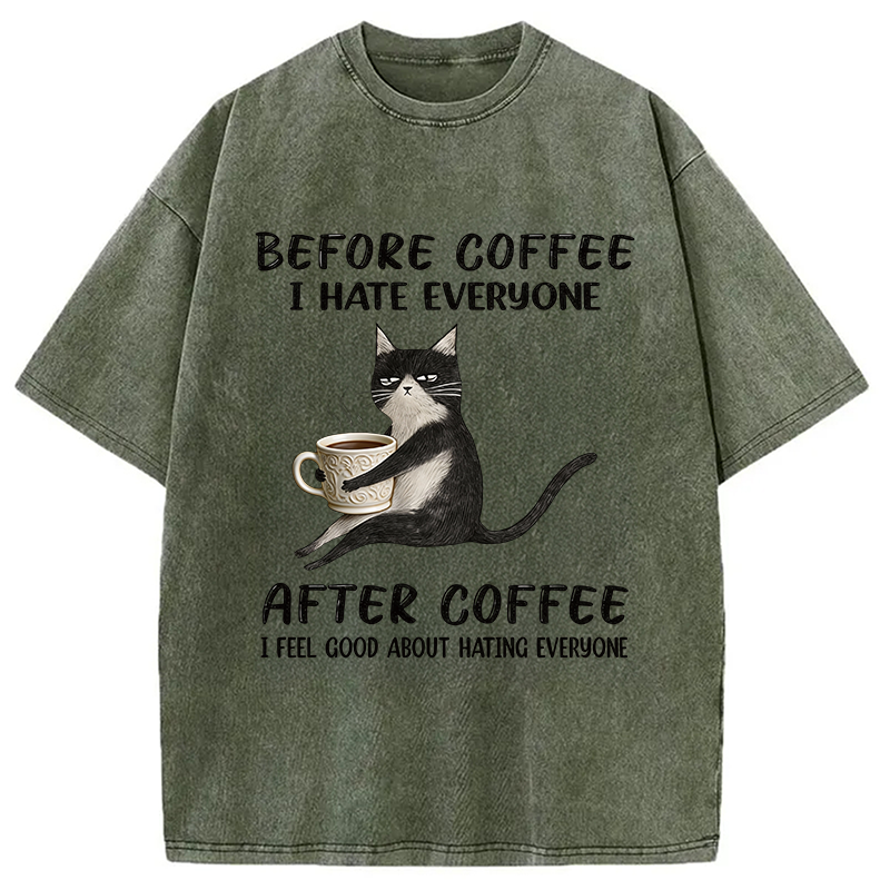 Tokyocanvas Funny Cat Coffee Washed T-Shirt