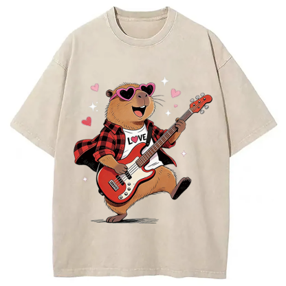 Tokyocanvas Cute Bear Guitar Valentine Washed T-Shirt