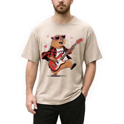 Tokyocanvas Cute Bear Guitar Valentine Washed T-Shirt