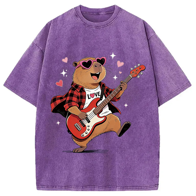 Tokyocanvas Cute Bear Guitar Valentine Washed T-Shirt