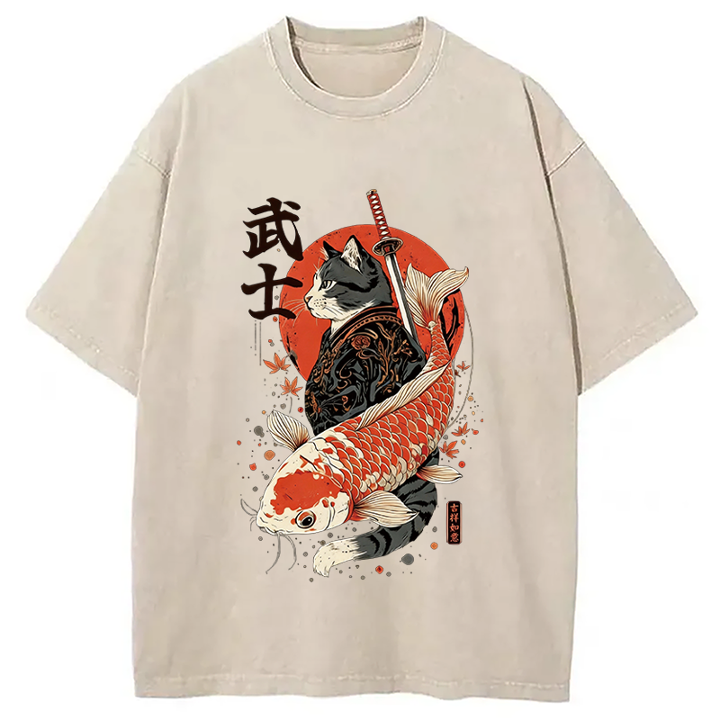 Tokyocanvas Samurai Cat And Koi Washed T-Shirt