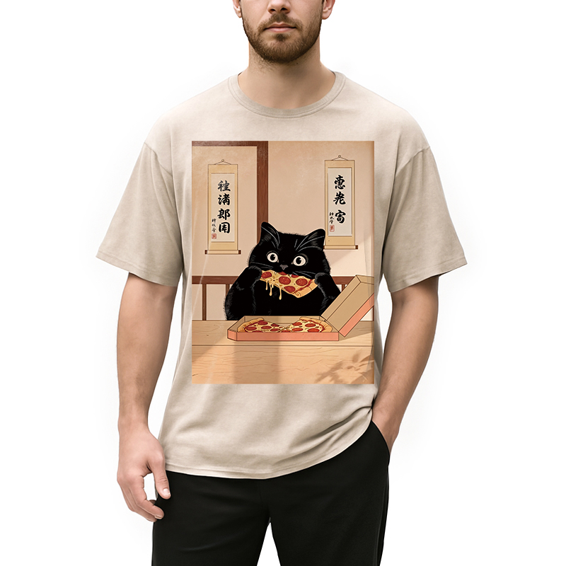 Tokyocanvas Black Cat Pizza Ukiyo-e Washed T-Shirt