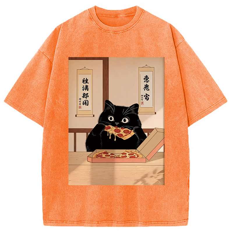 Tokyocanvas Black Cat Pizza Ukiyo-e Washed T-Shirt