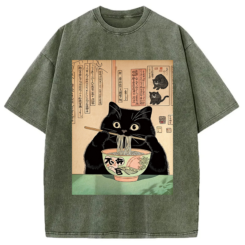 Tokyocanvas Black Cat Eating Noodles Washed T-Shirt